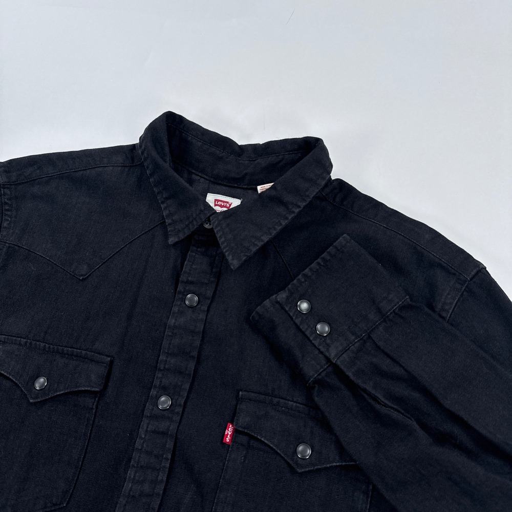 Levis Mens Shirt Large Black Denim Pearl Snap Barstow Long Sleeve Western